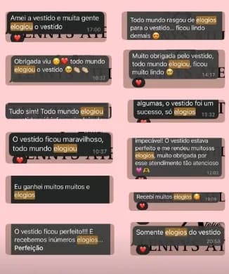 Várias mensagens com a palavra elogios em destaque: Amei o vestido e muita gente elogiou. Todo mundo elogiou. O vestido ficou maravilhoso. Eu ganhei muitos elogios. O vestido ficou perfeito e recebemos inúmeros elogios.